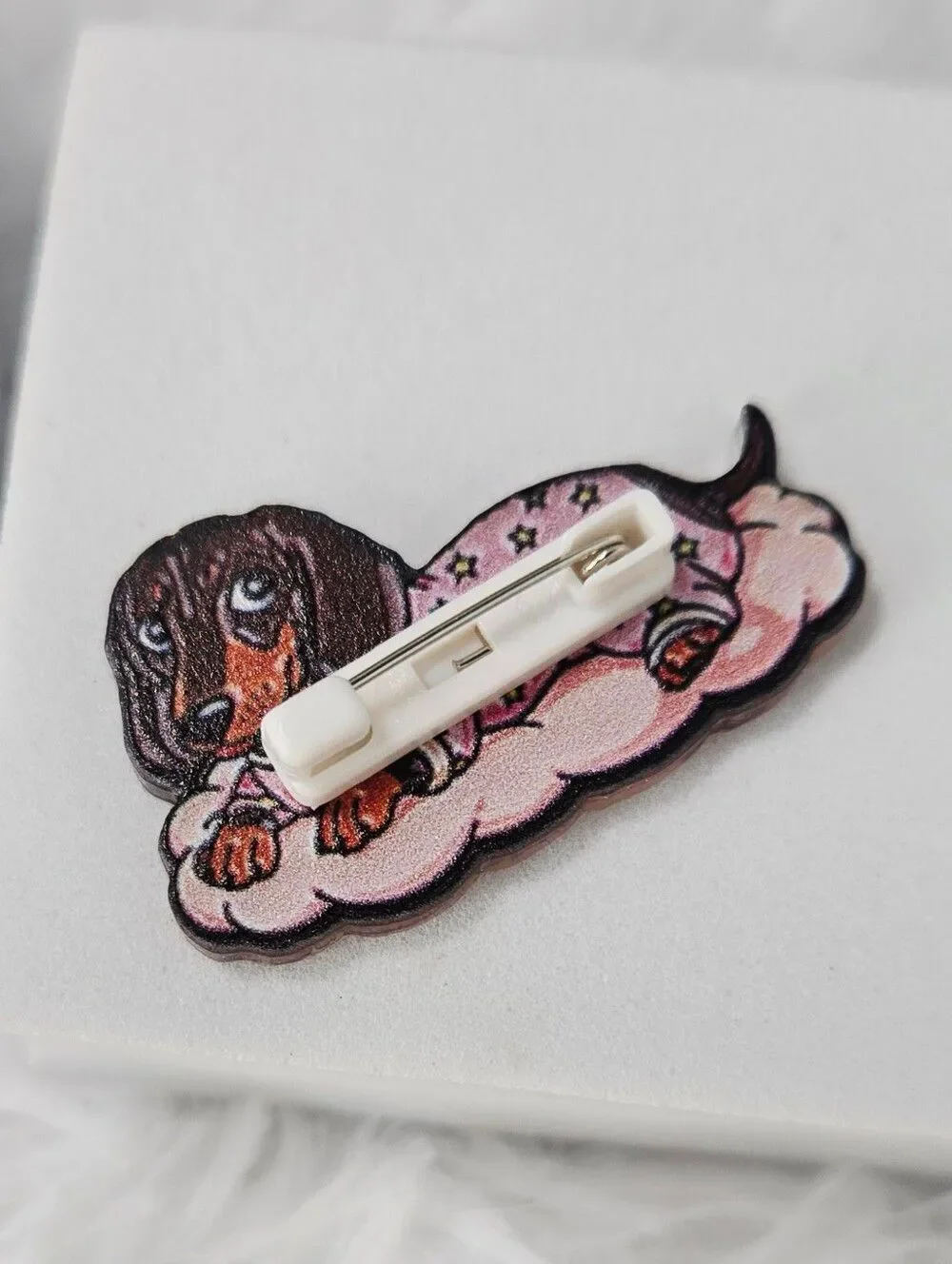 Sleeping Dachshund Lapel Pin Pink Pajamas Doxie Acrylic Doggie Dreams Pet Owner